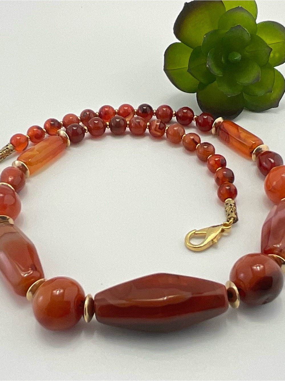 Vintage Carnelian Necklace with Gold Plate Accent Beads, BoHo, 18 1/2" Long - Picture 6 of 11